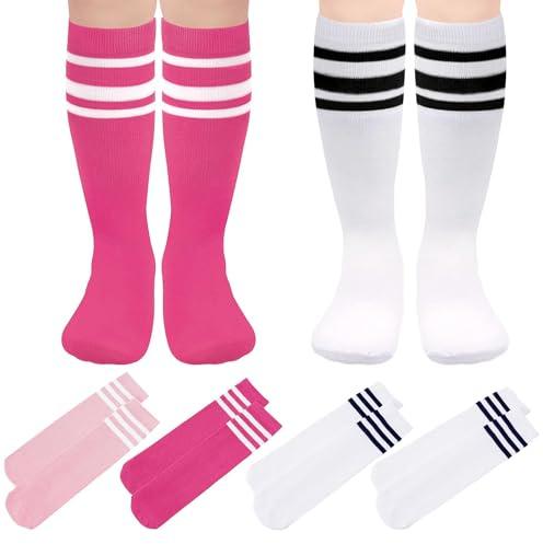BISOUSOX Calcetines de fútbol para niños y niñas, atléticos, deportivos, hasta la rodilla, a rayas, para escuela, hockey, rugby, correr, entrenamiento, 4 pares-2blanco+rosa+rosa, 3-6 años