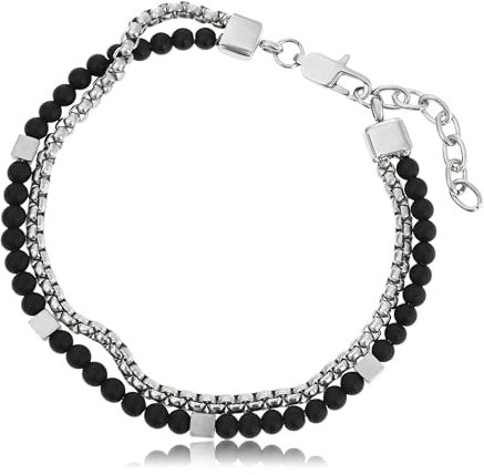 Made by Nami Zweireihiges Armband Herren mit Perlen in Silber und Schwarz Wasserfester Schmuck 18 + 4 cm Länge Geschenke für Männer (Schwarz)