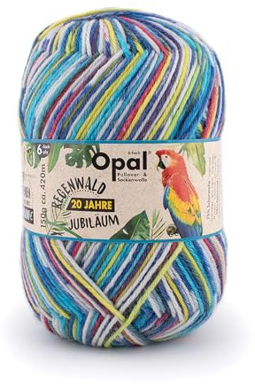 Opal Regenwald 20-Year Anniversary 6-Ply Yarn - Wool Blend, for Knitting Warm Socks, Jumpers, Hats, Gloves and Scarves, 1451 Blue/Yellow/Red, 1 x 150g