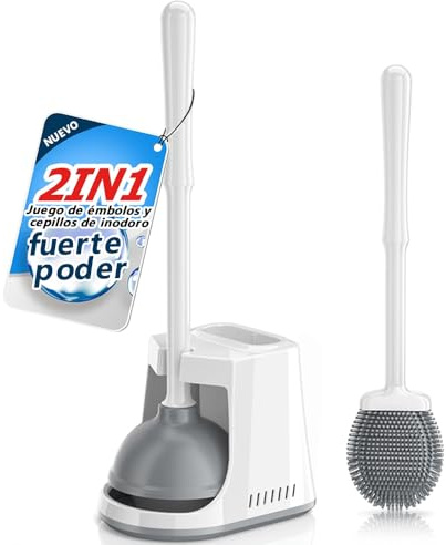 Sapisecret Weiße WC-Bürste & Pömpel Set aus Silikon – Hygienische Toilettenbürste mit Randreiniger, Stehender Halter mit Belüftung, Saugglocke Abflussreiniger, 2-in-1 Toilet Brush