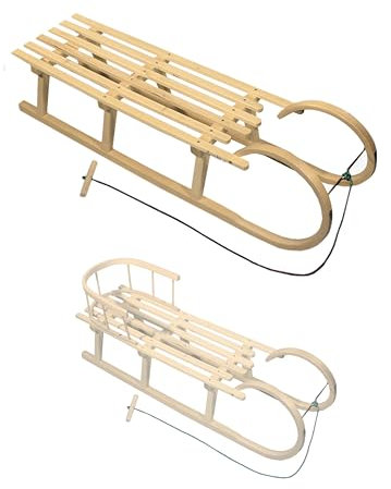 Luge à cornes [traîneau en bois] au choix avec dossier, corde de traction, ferrures de patins en acier léger, 120 cm, pour 2 personnes (sans dossier)