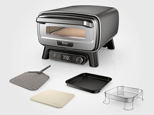 Ninja Artisan Electric Outdoor Pizza Oven & Air Fryer, 4 Functions: Pizza, Air Fry, Bake & Prove, 5 Pizza Settings, Includes 12-inch Pizza Stone, Pizza Peel, Baking Tray & Air Fry Basket, Grey MO201UK