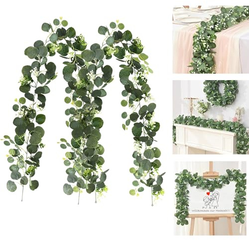 2 piezas de planta artificial caída, eucalipto artificial, guirnalda de 180 cm, cuerda artificial, guirnalda, enredaderas, hojas de eucalipto para exteriores de pared, decoraciones de boda, jardín