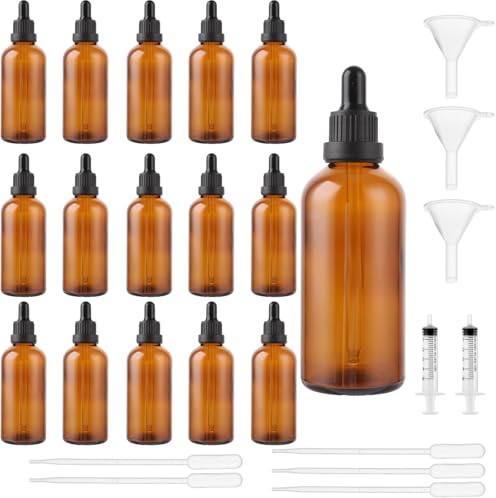 MUXHEL Lot de 15 flacons compte-gouttes en verre ambré de 100 ml avec entonnoirs à pipette en verre et étiquettes pour mélanges d'aromathérapie, huiles essentielles, liquides