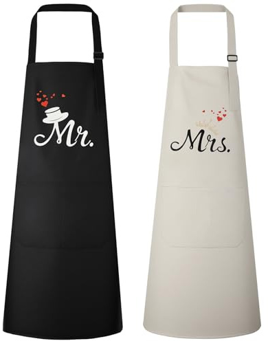Vicloon 2 st Mr & Mrs par förklädesset, justerbart förkläde med 2 fickor, vattendroppsbeständigt köksförkläde, personligt unisex köksförkläde för hemmakök, restaurang, kafé