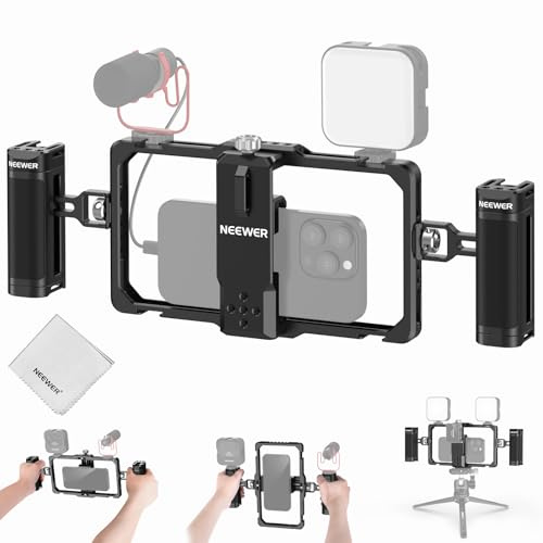 NEEWER Kit de Vlogging pour Smartphone,Stabilisateur Cage Vidéo avec Double Poignée,Clip Micro Sans Fil,Chiffon pour Enregistrement TikTok YouTube,Compatible avec iPhone Samsung Android SmallRig,PA009