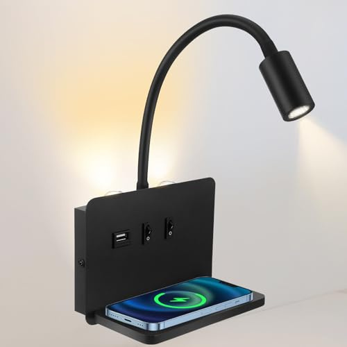 luz de lectura pared con Puerto de Carga USB y Carga inalámbrica, Lámpara de pared LED 3W + 9W 3000K, Regulable Iluminación Ambiental de Dormitorio (Negro)