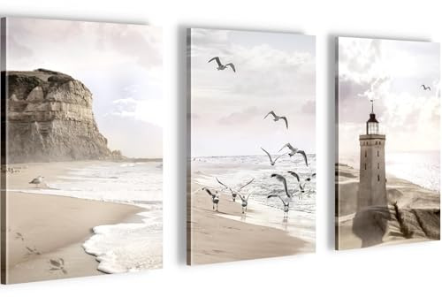 Novart Väggmålningar Strand och hav 3 Delar Väggmålningar för Vardagsrum Sovrum Kontor 20 x 30 cm - 3 bilder Beige Fyr N040230b