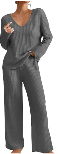 RLEHJN Jogginganzug Damen Lang Gerippt Hausanzug Kuschelig Einfarbig Pyjama Set Elegant Langarm Nachtwäsche Zweiteiler Weich Strickanzug Loungewear Freizeit Trainingsanzug für Herbst Winter