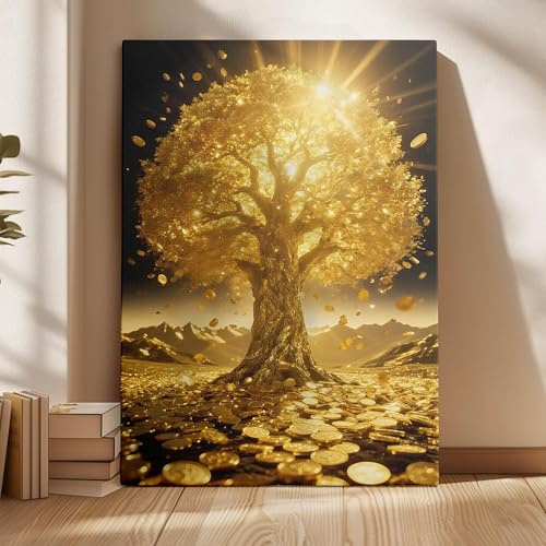 XBTYKPB Goldener Geldbaum auf Leinwand: Feng Shui-Dekoration für Wohlstand, Drucke und Poster, Wandbilder für Wohnzimmer (60 x 80 cm/Rahmenlos)