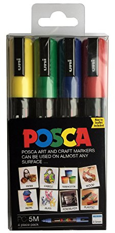 POSCA PC-5M Permanent Marker Paint Pens. Medium Bullet Tip for Art & Crafts. Multi Surface Use On Wood Metal Paper Canvas Cardboard Glass Fabric Ceramic Rock Pebble Stone Porcelain. Set of 4 Colours