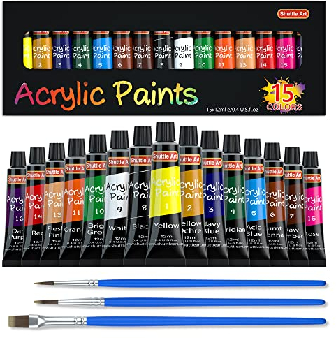 Shuttle Art Kit Pinturas Acrilicas 15 Tubos (12ml), Acrílico en Colores Ricos con 3 Pinceles, No Tóxicos, Ideales Pintura para Tela, Lienzo, Madera, Arcilla, Cerámica para Adultos y Niños