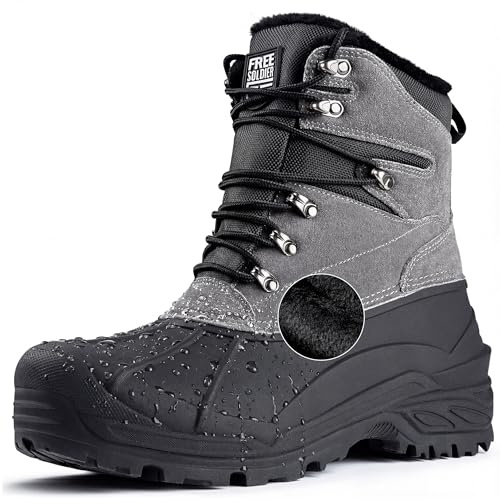 FREE SOLDIER Mens Snow Winter Boots for Men Warm Fleece Lining Winter Ski Shoes Waterproof Insulated Booties(Grey,10)