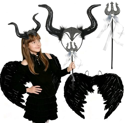 Huahuanghui Maleficent Costume da ragazza per bambini, costume di Halloween per bambini con regina corna e bastone da passeggio, costume da corna maleficent per Halloween, carnevale, cosplay, nero