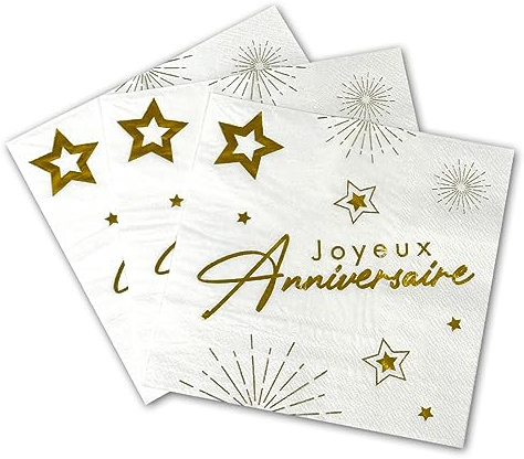 Tralala Fêtes® Lot de 16 Serviettes « Joyeux Anniversaire » – Serviettes Jetables en Papier Triple Épaisseur – Décoration Festive – Serviette Pour Fêtes et Anniversaires – 33 x 33 cm (Blanc & Or)