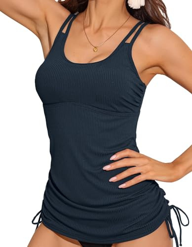 Charmo Women's Tankini Tops Tummy Control Swimwear Ruched Adjustable Side Tie Swimsuits Ribbed Swim Tops Navy L