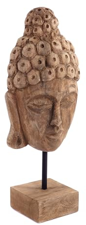 CREEDWOOD Sculpture de Bouddha | Bois de Mangue | Masque décoratif, Figure Statue de Bouddha en Bois, tête de Bouddha sur Socle, Statue, Objet décoratif Bouddha