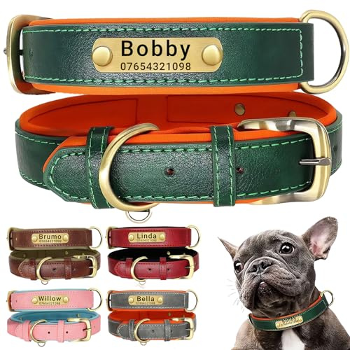 SEOUGEE Genuine Leather Dog Collar Personalised, Soft Padded Leather Dog Collars Heavy Duty with Custom Engraved Name Plate Adjustable for Small Medium Large Dogs (L, Green 35-45cm)