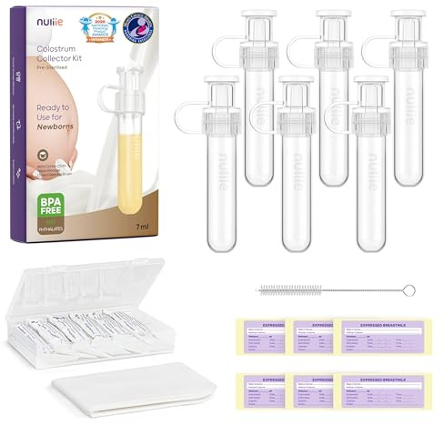 Nuliie Colostrum Collector Kit 7ml/6pcs, Leakproof, Reusable Breast Milk Collector, Heat & Freezer Resistant, BPA-Free, With Cotton Cloth Wipe, Storage Case, Cleaning Brush - Ready-to-Use for Newborns