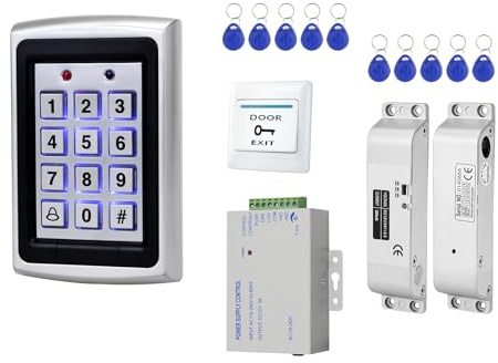 ReaIOKbii Kit Completo di Sistema di Controllo Accessi per Casa, Tastiera per 1000 Utenti in Metallo + Serratura Elettrica a Caduta DC 12V + Alimentatore 12V 3A + Pulsante di Uscita + 10 Chiavette