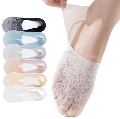 6 Pack Thin Lace No Show Socks For Women With Heel Grip For Loafers Flats