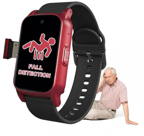 VCYEX Reloj Personas Mayores con Detección De Caídas Smartwatch Reloj Localizador GPS con Botón Llamada Emergencia SOS para Demencia/AlzheimerRed,1.25 * 0.57 * 2.22inch