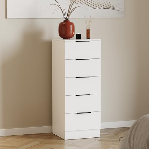 Vida Designs Trega Commode étroite à 5 tiroirs Blanc – Meuble de rangement pour chambre à coucher – 90 x 34,5 x 36 cm (H x l x P) – Support anti-affaissement – Poignées noires, glissières coulissantes
