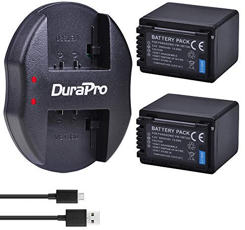 DuraPro 2Pcs 3900mAh VW-VBT380 VBT380 Battery + Micro Dual USB Charger for Panasonic VW-VBT380 VW-VBT190;HC-V180 V210 V250 V380 V500 V707 V727 V750 V770 VX870 VXF999 W850 WX970 Cameras