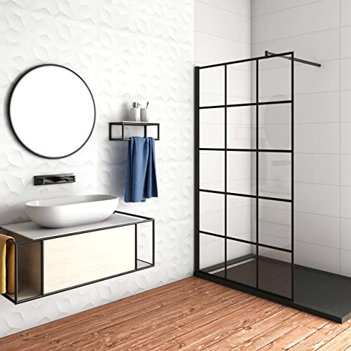 100x200 cm Doccia Walk In Parete Fissa in Vetro Temperato 8 mm Anticalcare Serigrafato Nero con Riquadri Barra Stabilizzatrice 70-120 cm Telaio Nero Opaco