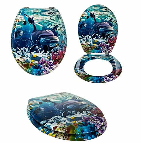 MDF Toilet Seat Novelty Design Stainless Steel Hinges All Printed Loo Seats All Printed ON 3 Sides (Dolphin DEEP SEA World Design)