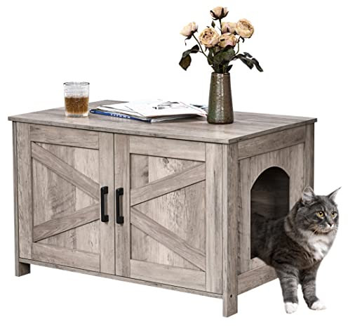Homhedy Caja de arena para gatos, muebles de baño de madera para gatos con puerta de granero, casa para mascotas, se adapta a la mayoría de cajas de arena, color gris