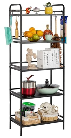 HDANI Bücherregal,Metall Regal,Standregal mit 5 Ebenen,offenes Standregal für Arbeitszimmer,Wohnzimmer,Schlafzimmer,Küche,Industrie-Design,4 S-Haken,60×35×160cm,Schwarz