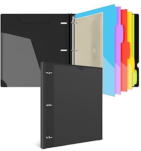 INFUN 1 Inch 3-Ring Telescoping Project Organizer Binder,13 Pocket, Customizable Front Cover, 5 Colors Pocket Divider and Plastic Binder Pocket，225 Sheet Capacity-Black