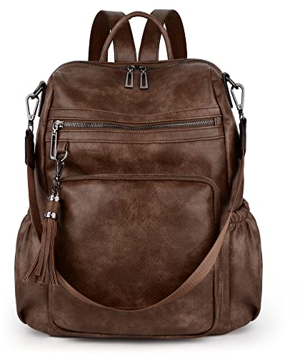 UTO Backpack Womens Travel Bag Multi Compartments fits 14 Inches Laptop Vegan Leather Coffee