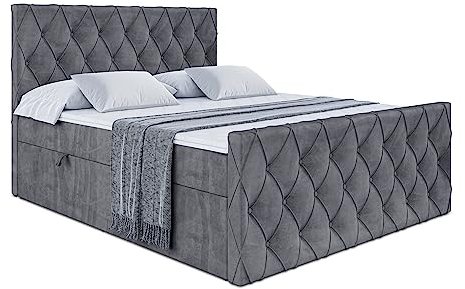 ALTDECOR Boxspringbett mit Matratze und Lattenrost, Boxbett, Fußteil, Topper, Polsterbett mit Bettkasten, Bett mit Stauraum H4-Matratze, Doppelbett, Springboxbett - Amay - 180x200 - Dunkelgrau Samt