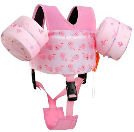 MoKo Swim Arm Floaties 15-30 lbs, Toddler Swim Vest for Kids Cartoon Swimming Water Wings with Crotch Strap, Pool Float Vests Sleeves Shoulder Straps Arm Band for Children, Baby Pink Whale