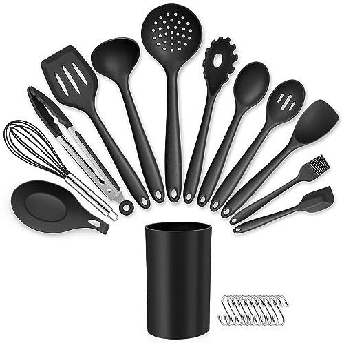 Kitchen Utensils Set, HaWare 13 Piece Silicone Cooking Utensils Set with Holder, Kitchen Tools Include Turner Spatula Spoon, Non-Stick Cookware Friendly & Heat Resistant, Dishwasher Safe-Black