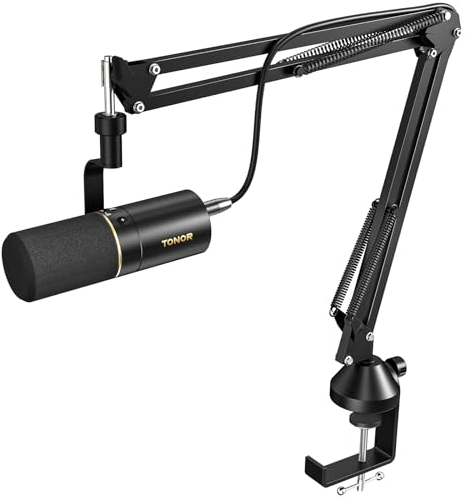 TONOR Microfono Dinamico per podcasting con supporto per braccio, streaming e giochi microphone a Condensatore, USB/XLR, 3.5mm jack, Pulsante Mute, per regisrazione, youtube, gaming, ASMR, TD510+
