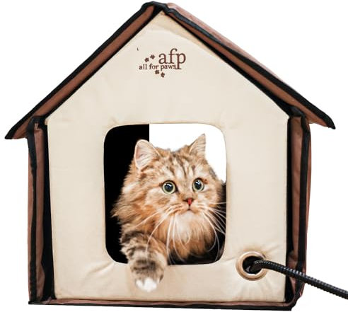 ALL FOR PAWS Cat House Outdoor - Heated Cat House for Outside with Dual Entrances, Machine Washable Sherpa Mat, Water-Resistant Oxford Material, Outdoor Heated Cat House with Safe Heating Pad