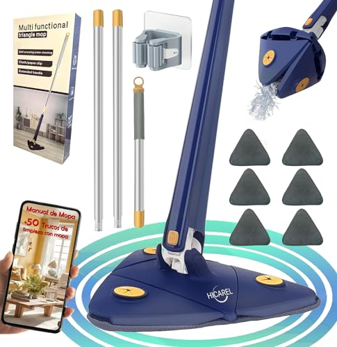 HICAREL® Mopa Triangular Giratoria 360 Autoescurrible de Microfibra, Mopa para Limpiar Azulejos y Paredes, Colgador, 6 Recambios, Manual y Trucos. Fregona Autoescurrible, Suelos, Techos y Ventanas.