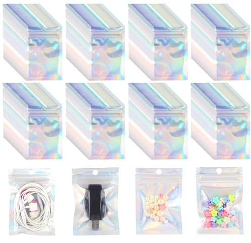 200 Pièces Mylar Ziplock Bags, 10x7cm SachetPlastiques Zip-Noir, Sachets Refermable Zip Imperméables à l'eau et à la Poussière, Les Pochon Zip Holographique Conviennent pour Les Snacks (blanc)