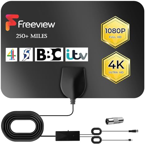 AXFEE HDTV Antenna, Zimmerantenne für Freeview-TV, Digitale TV Antenne mit Signalverstärker, Antenna Signal Booster für alle Herkömmlichen und HD Fernseher, unterstützt 4K 1080P HD VHF UHF, 10ft Kabel