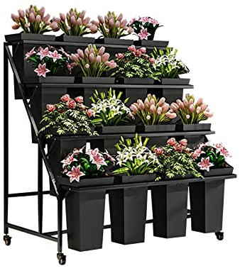 NOALED Beweglicher Pflanzenständer mit Rädern, Robustes Blumenregal mit 16 Plastikeimern, Blumenwagen für frische Blumen, Blumenregal für Garten, Außenbereich, Balkon (Farbe: C) (C)