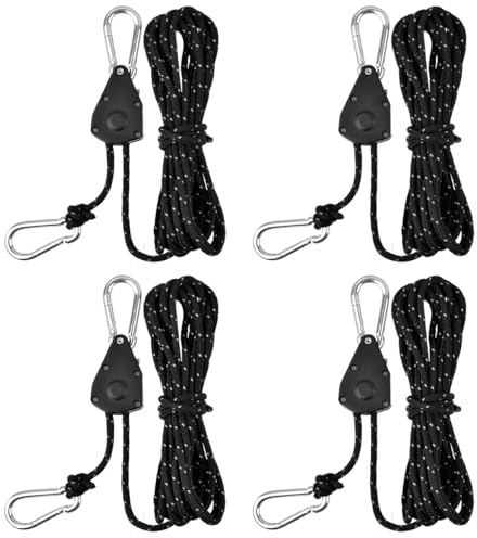 4M Reflective Tent Guy Ropes Ratchet 4PCS, 4mm Tent Guy Ropes Tensioners with Pulley, Adjustable Tent Camping Rope Cord Heavy Duty Tent Guide Rope Grow Lights Ratchet Hangers for Awning Camping Hiking