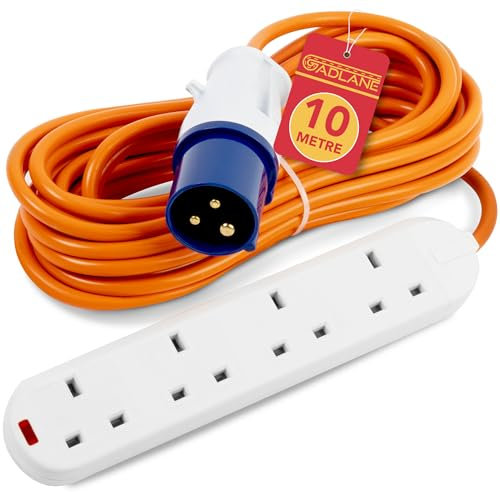 GADLANE Camping Electric Hook Up Cable - Heavy Duty 10 Metre, 4 Gang Electric Hook Up for Camping, Mobile Homes, Refrigerated Vehicles - High Visibility 16A Caravan Extension Lead (10M)