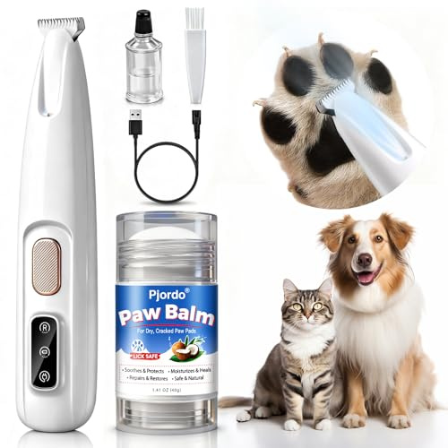 Pjordo Dog Paw Trimmer with Paw Balm, Waterproof Rechargeable Pet Paw Trimmer for Dogs and Cats, Dog Clippers with LED Light, Low Noise Grooming Clipper for Paws Eyes Ears Face Rump