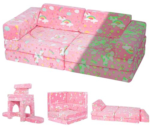 MeMoreCool 10-Piece Kids Play Sofa, Modular Glow Couch, Colorful Unicorn | Fold Out Toddler Couch Bed, Convertible Sectional Foam Playset For Girls Boys Bedroom Playroom