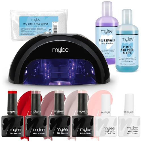 Mylee Kit professionale completo per smalto gel semipermanente, 4 Colori, Top coat e Base coat, Lampada unghie LED, Soluzione Prep & Wipe, Solvente gel remover, 100 salviette senza pelucchi (Natale)