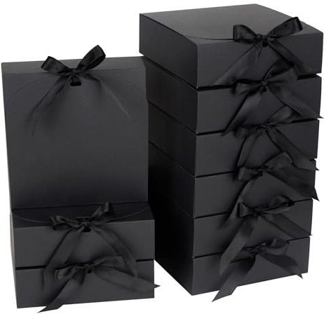 AWCIGG 12 stycken presentlådor med lock, 16 x 16 x 5 cm svart presentkartong, presentlådor med band för högtider jul bröllop födelsedagar presentförpackning