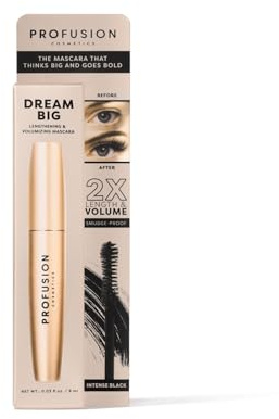 Profusion Cosmetics Dream Big Mascara Lengthening and Volumising Mascara, Smudge-Resistant, Ultra-Black Pigment, Buildable, Flake-Free, Flawless Lashes Day to Night